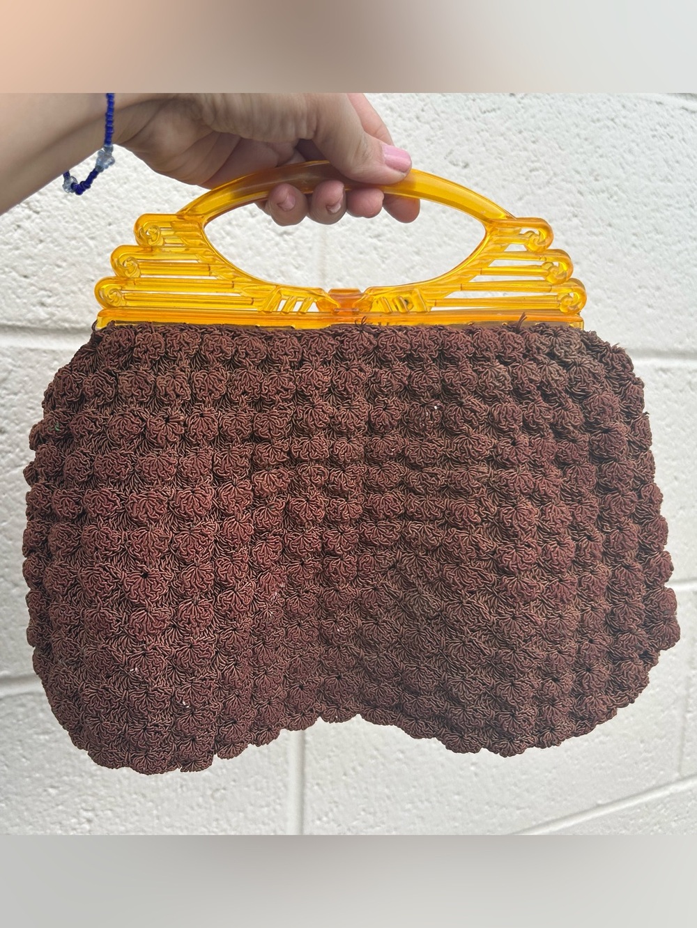 Vintage Small Brown Crochet Handbag with Amber Handle